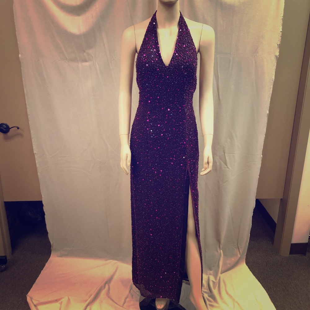 Vintage Fully Beaded/Sequin Wine Halter Gown